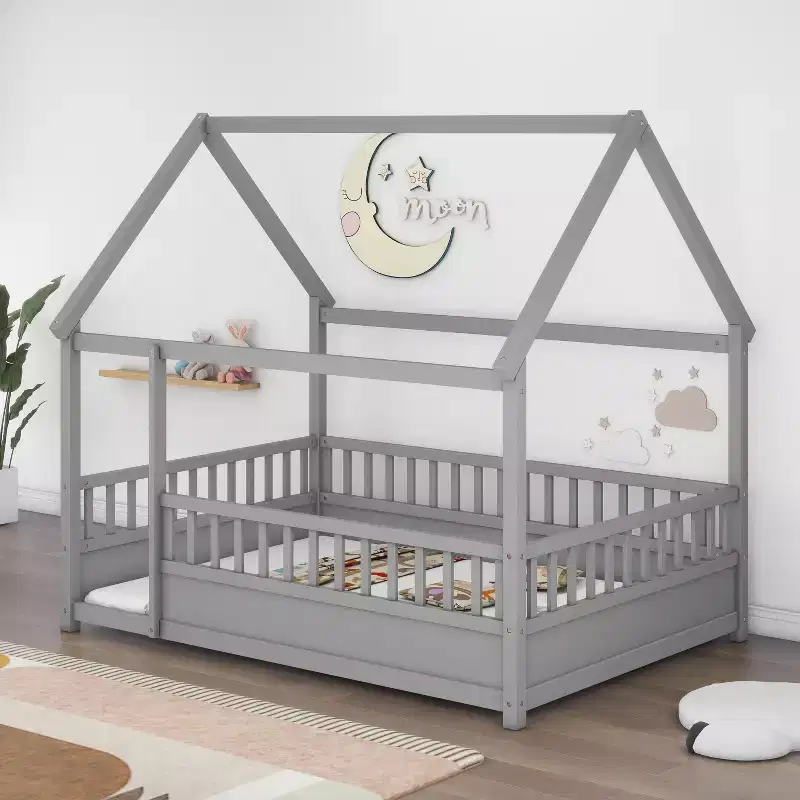 TUYOHW Full Size Toddler Floor Bed with House Roof Frame and Fence,Modern Montessori Bed with Guardrails for Bedroom