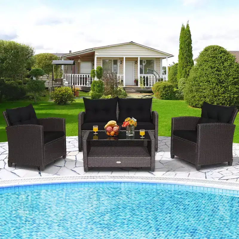 Costway 4 PCS Patio Rattan Furniture Set Glass Table Shelf Sofa Cushion