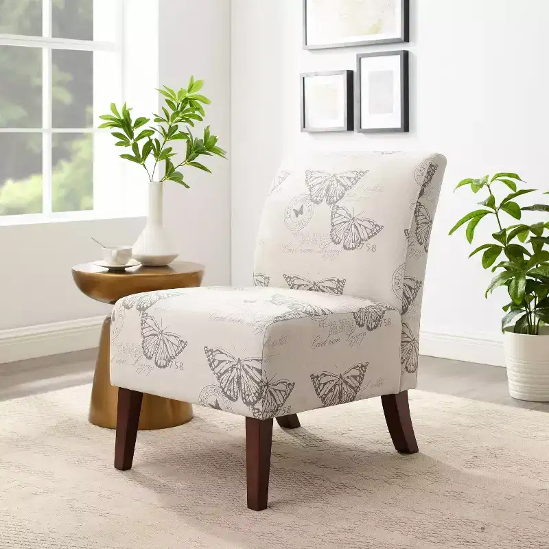 Butterfly Print Upholstered Accent Chair with Rubberwood Legs