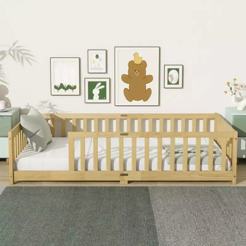 Twin Floor Bed with Fence, Solid Rubber Wood Montessori Bed Frame for Kids, Low Profile with Slats, Natural Finish