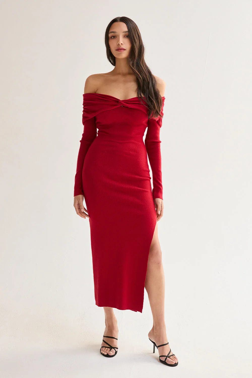 Off Shoulder Sweater Dress Long Sleeve Knit Midi Dress