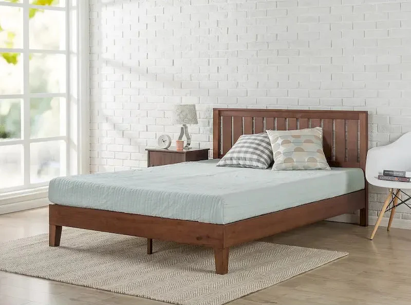 Antique Espresso Solid Pine Wood Platform Bed – Slatted Headboard, No Box Spring Needed