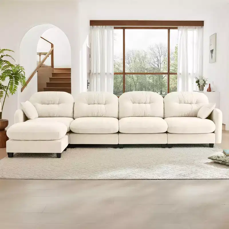 Beige Modular Sectional L Shaped Chenille Fabric Sofa with Ottoman High Quality Wooden Base for Living Rooms