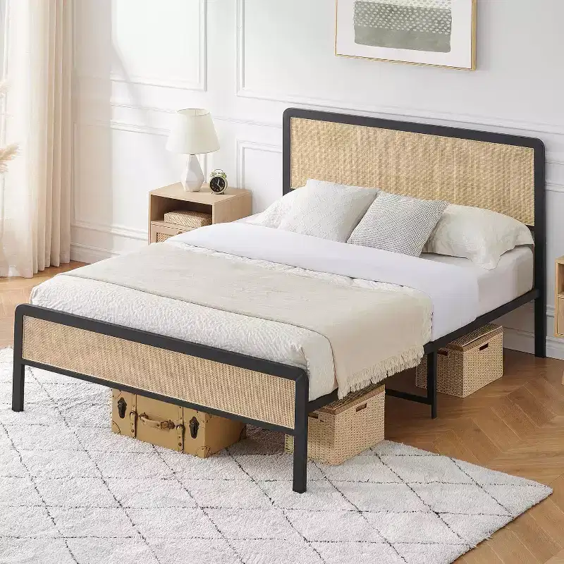 Full Size Bed Frame with Rattan Headboard, Metal Slats Support, Rounded Corners, Noise-Free, No Box Spring, White Oak