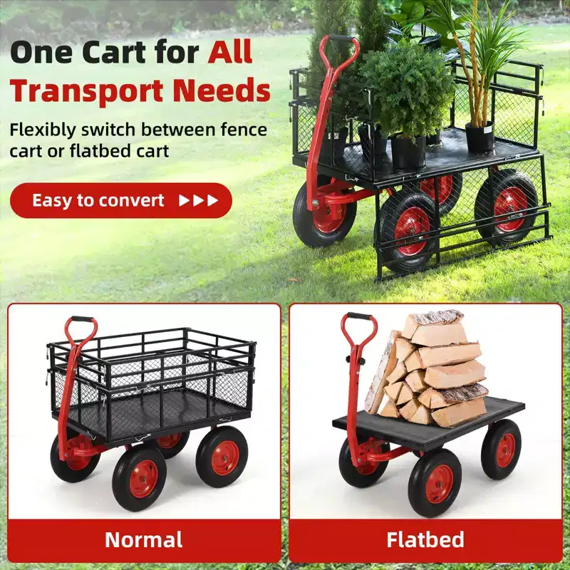Steel Garden Cart,Heavy Duty Metal Yard Utility Wagon with Removable Mesh Sides,2-in-1 180Rotating Handle and 16 inch Wheels, Steel Utility