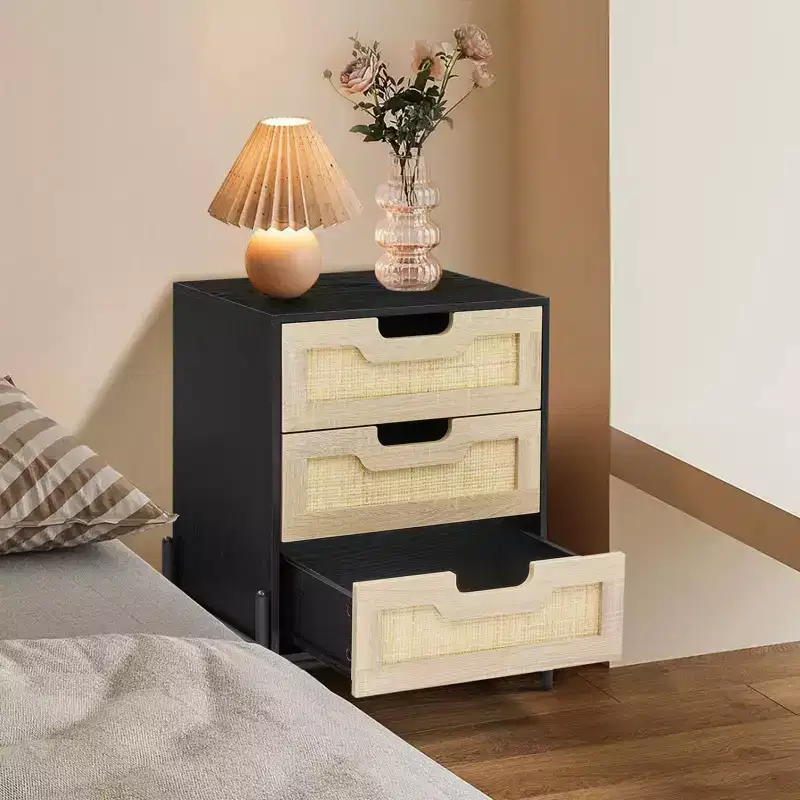 Rattan 3-Drawer Bedside Table, Modern Nightstand with Wooden Frame, Elegant Black Side Table for Bedroom, Living Room, or Study, 48  40  64 cm