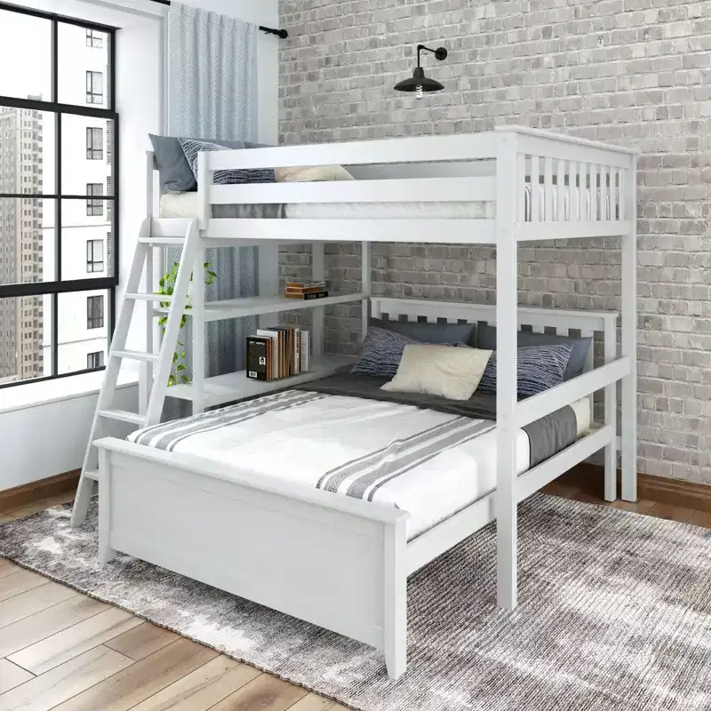 L-Shaped Full over Full Bunk Bed with Bookcase