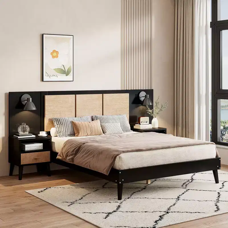 Whisen Queen Size Solid Wood Bed Frame with 2 Nightstands