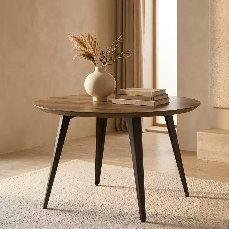 47-inch Round Wood Dining Table, 4 Person, Modern Black Metal Tapered Legs