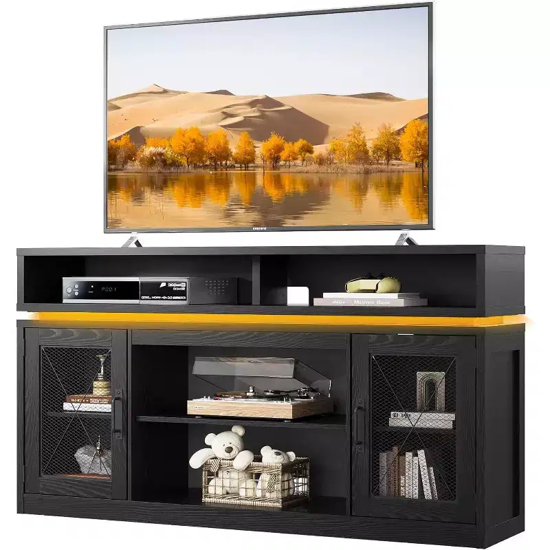 Farmhouse TV Stand for 65 Inch TV with LED Lights, Rustic Entertainment Center with Storage Cabinets for Living Room or Bedroom