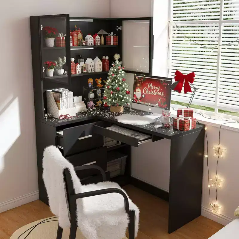 Homy Casa L-Shaped Desk with Glass Door Hutch and Storage Drawers for Small Space, Home Office, Holiday Gift, Black
