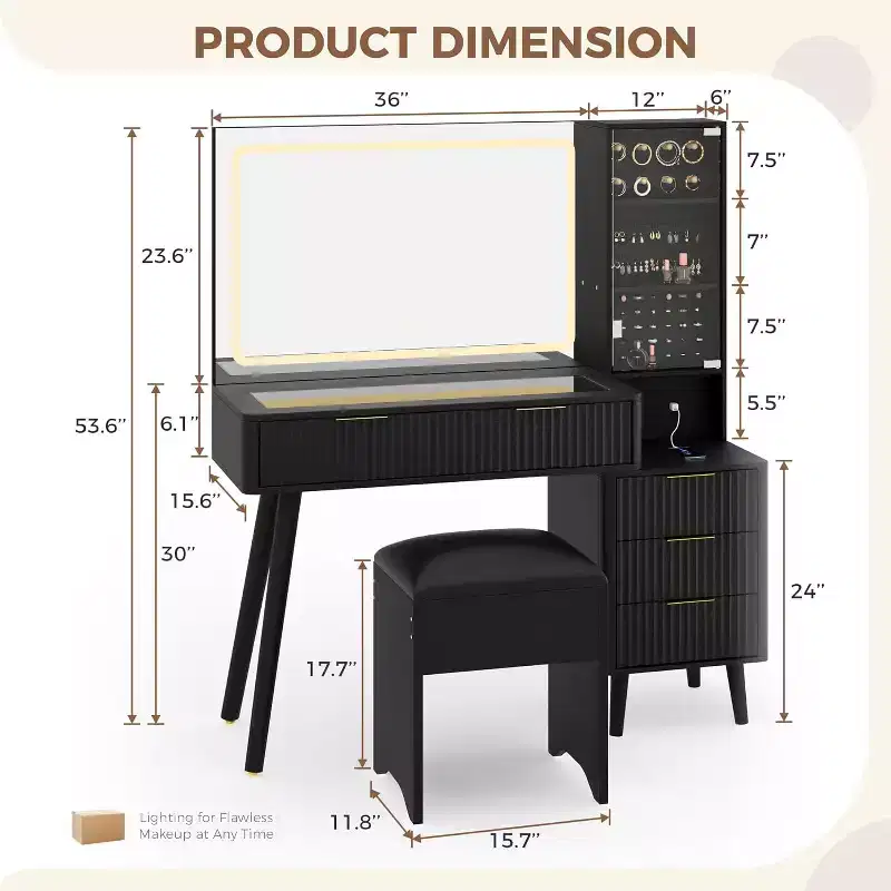 48 Fluted Makeup Vanity Desk with Large Lighted Mirror, Charging Station & Cushioned Storage Stool for Bedroom