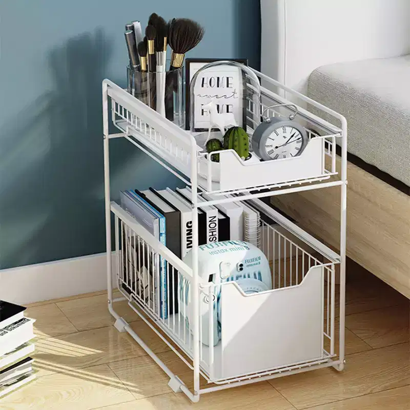 2-Tier Pull Out Cabinet Organizer, Heavy Duty Carbon Steel Slide Out Shelves, No Drilling Damping Guide for Kitchen/Bathroom