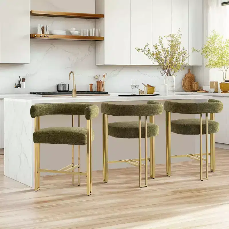 Set of 3 Counter Height Bar Stools with Backs and Arms, Modern Chenille Upholstered Kitchen Island Chairs with Gold Metal Legs - Panipeachy