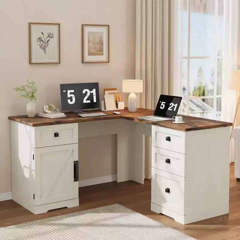 60 Executive L Shaped Desk, Home Office Desk with File Drawers and Storage Cabinet, Corner Computer Desk with Adjustable Side Storage Cabinet