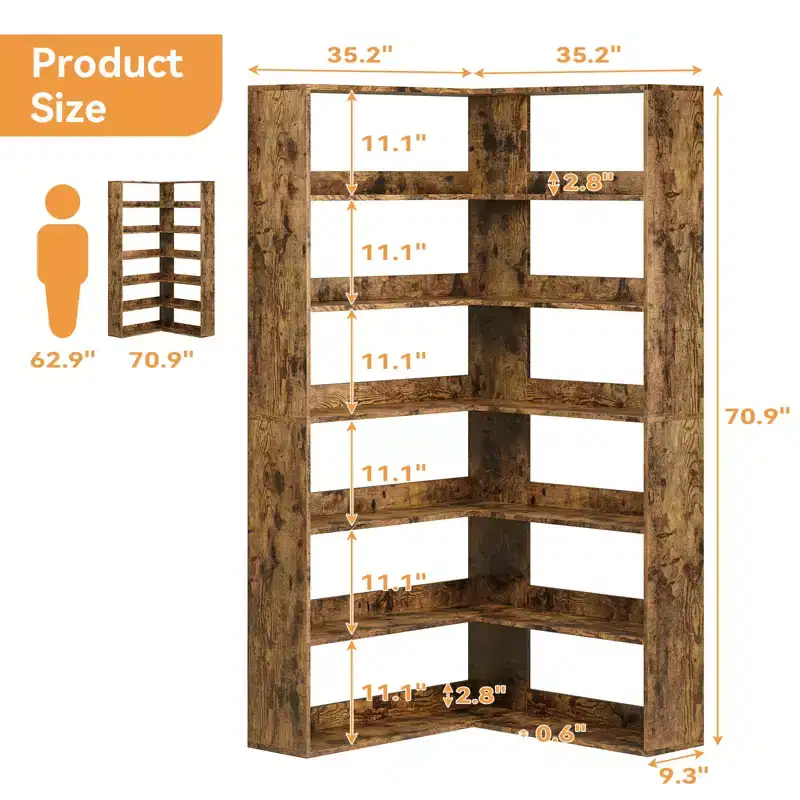 71 Tall Farmhouse 6-Tier L-Shaped Corner Bookshelf, Wooden Modern Bookcase with Open Storage for Living Room & Office