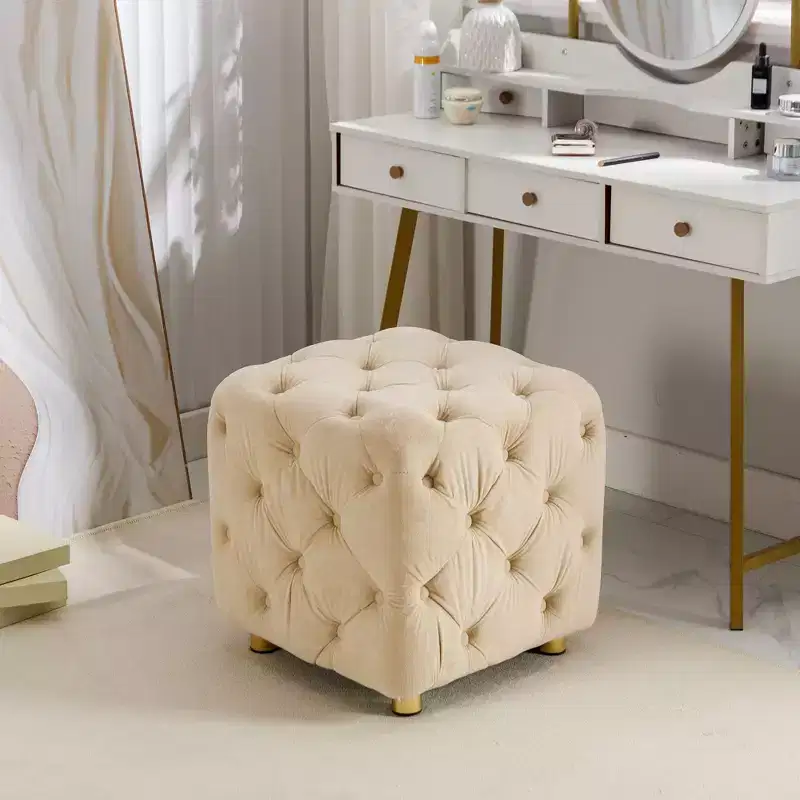 Okak Modern Velvet Upholstered Ottoman, Button-Tufted Soft Footrest Stool, Exquisite Dressing Makeup Chair for Couch Bedroom Entrance