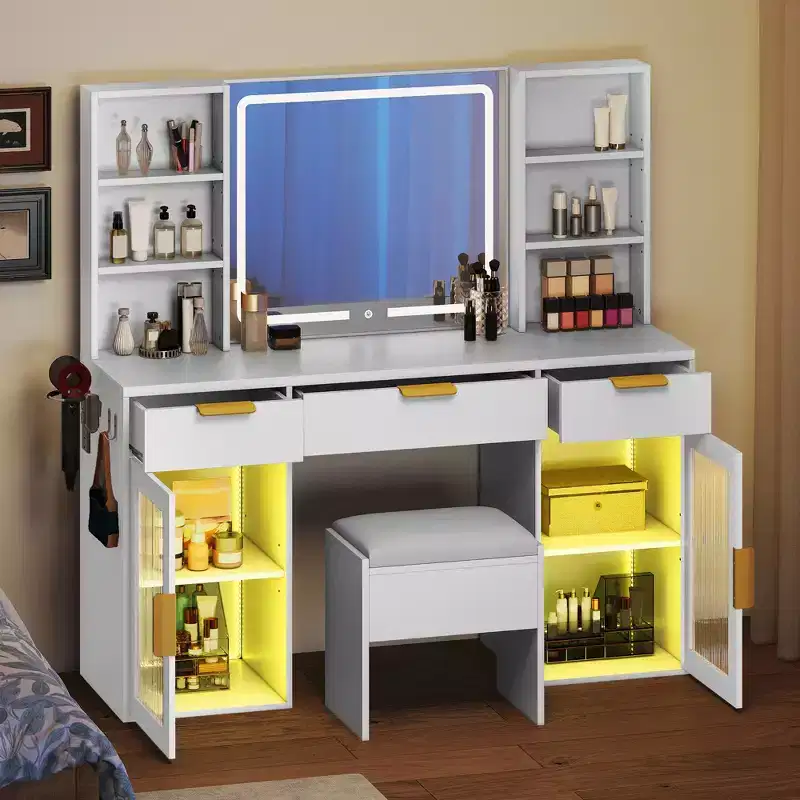 Modern Vanity Desk with Stool Makeup Table LED Lighted Mirror RGB Glass Cabinets 3 Drawers Shelves for Bedroom Dressing Room Dresser