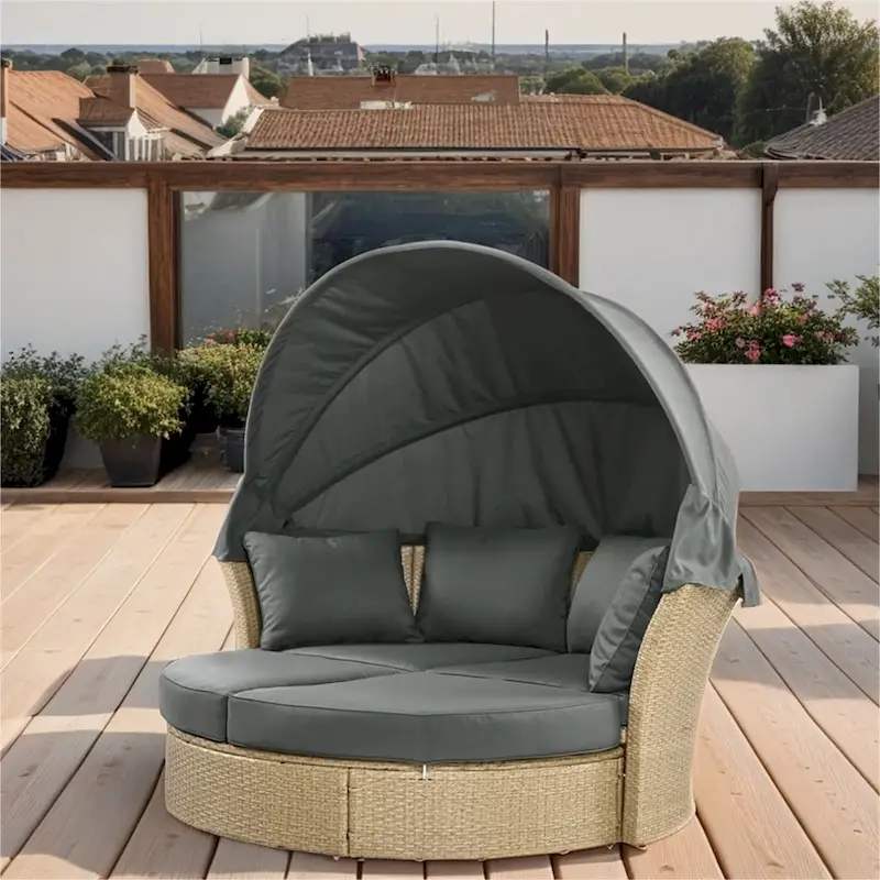 Patio Wicker Rattan Daybed Set with Retractable Canopy and Pillows