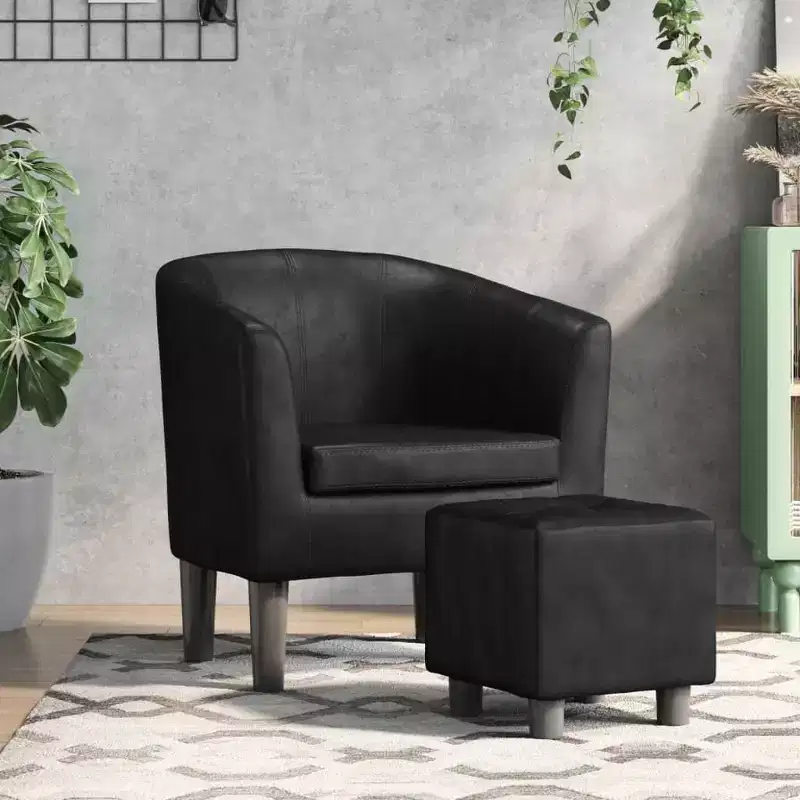 Modern Tub Chair with Footstool - Faux Leather Seating for Living Room, Bedroom, Guest Room, or Office - Black