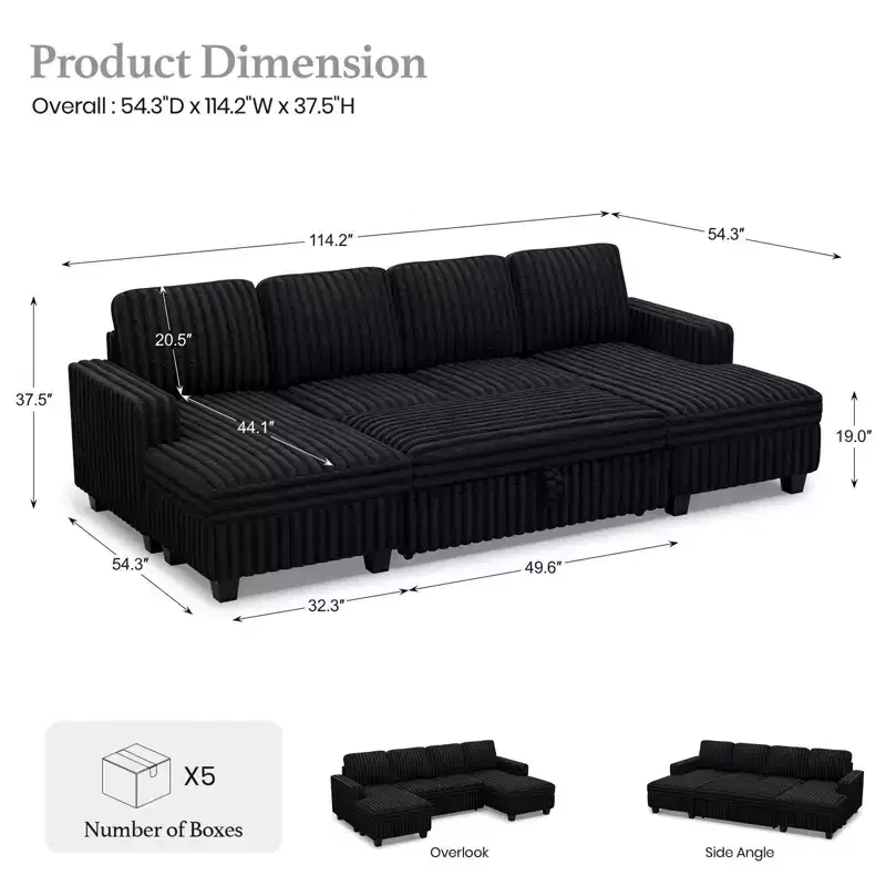 Belffin Modular Sectional Sleeper Sofa with Pull Out Couch Bed Corduroy Double Chaise with Storage