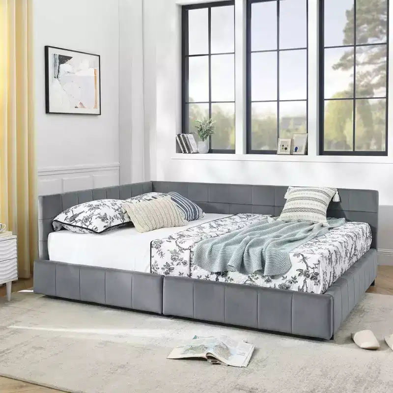 MAYEERTY Queen Size Storage Upholstered Tufted Bed Frame with Backrest and Armrests for Bedroom Gray