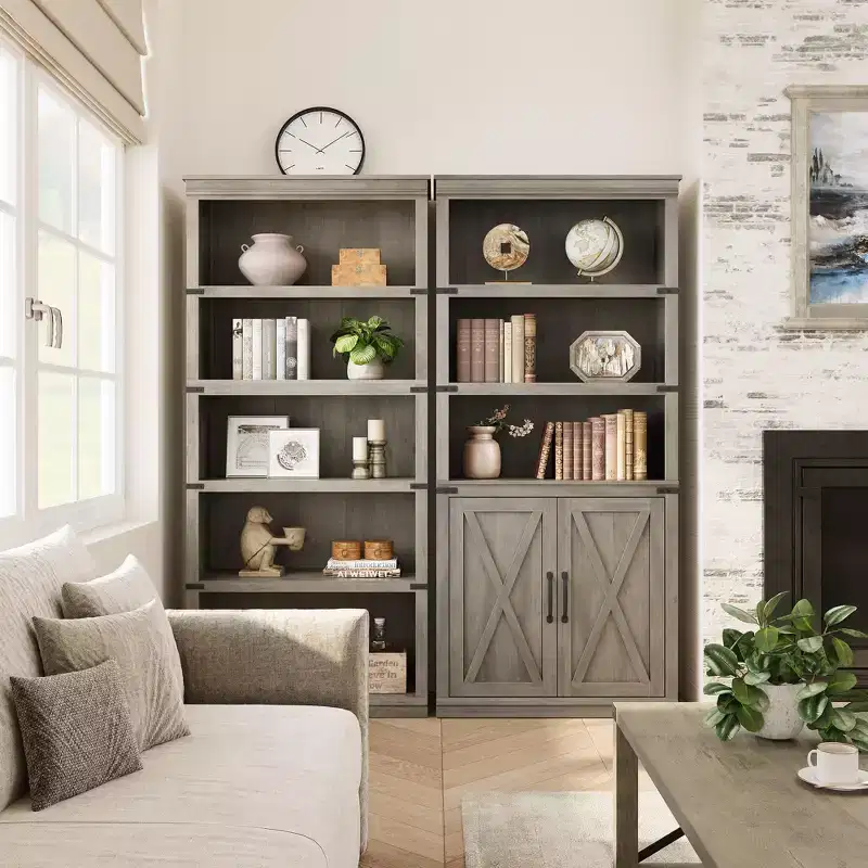 GustoWave 68.7Shelf Bookcase with Storage Cabinet,Freestanding 5-Tier Display Cabinet,Wooden Bookshelf with Doors,Grey
