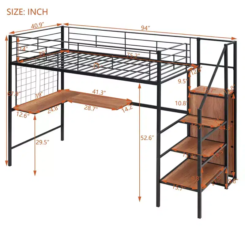 Bellemave Twin Size Metal Loft Bed with Desk and Metal Grid, Stylish Metal Frame Bed with Lateral Storage Ladder and Wardrobe, Black