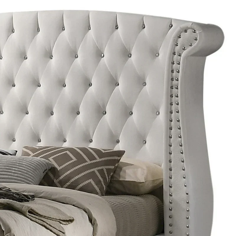 Dini California King Bed, Crystal Button Tufting, White Velvet Upholstery