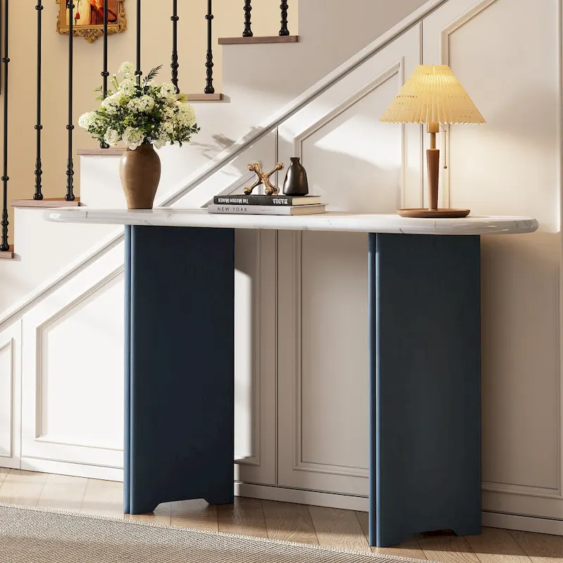 Oval Faux Marble Top Console Table Entryway Table, Narrow Sofa Table Hallway Accent Table with Triangular Base