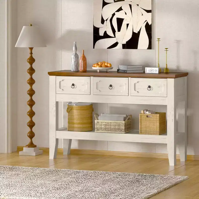 Farmhouse Rustic 47 Console Table with Drawers  Solid Wood Legs Entryway Table with Bottom Shelf  Easy Assembly for Living Room, Foyer, Entrance