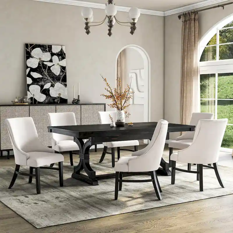 Kieran Farmhouse Black Wooden Dining Table with 6 Chairs