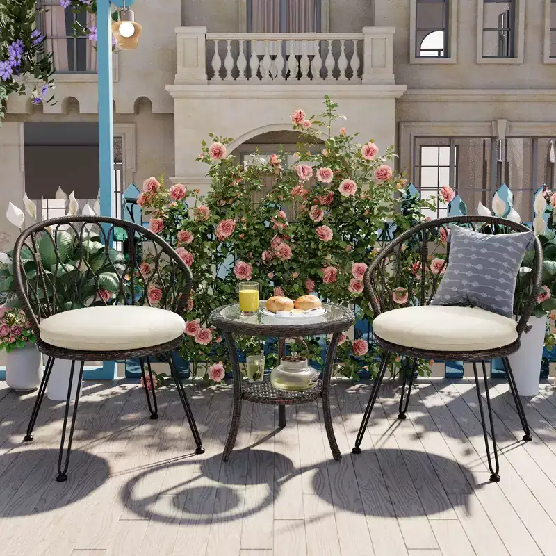 GDFStudio Tony Outdoor 3 Piece Rattan Leisure Set with Chairs and Glass Round Table