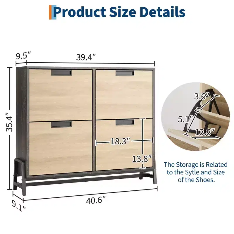 Narrow Shoe Cabinet for Entryway with 4 Flip Drawers and 3-Tier Adjustable Shelves