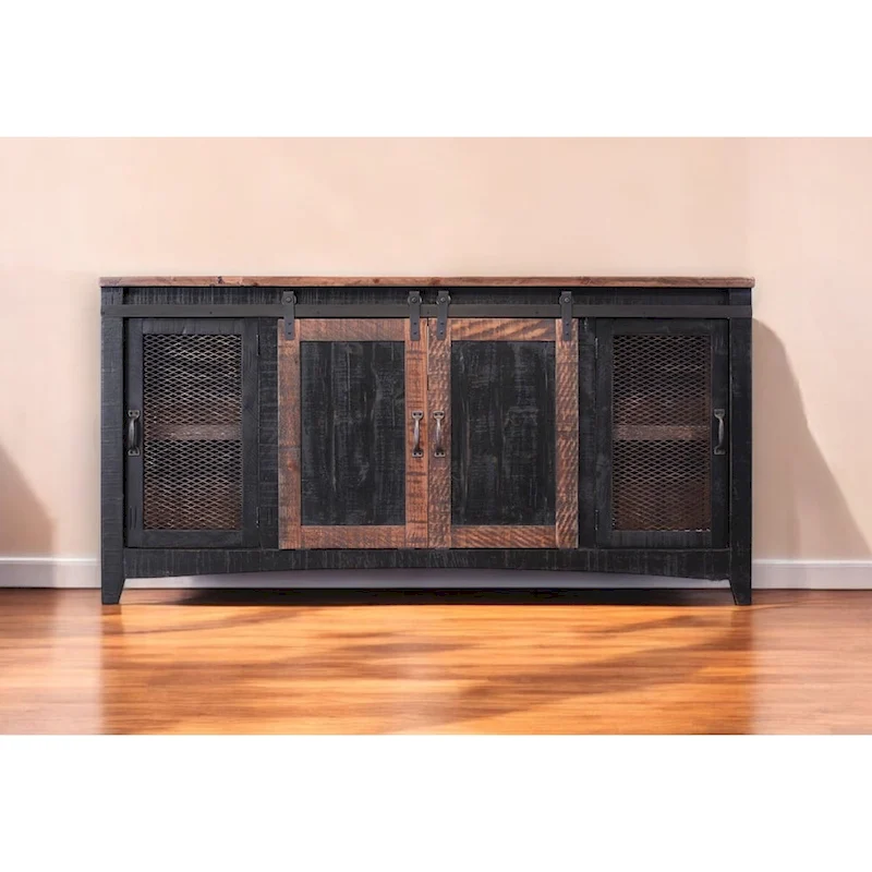 68 Black Solid Wood Cabinet Enclosed Storage Distressed TV Stand - 67.75' X '34.75' X '19