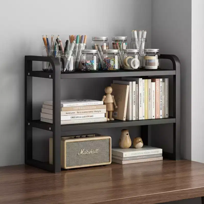 2-Tier Wood Desk Shelf Organizer - White Wood Storage Rack for Office, Dresser, Cubicle & Bookshelf Decor