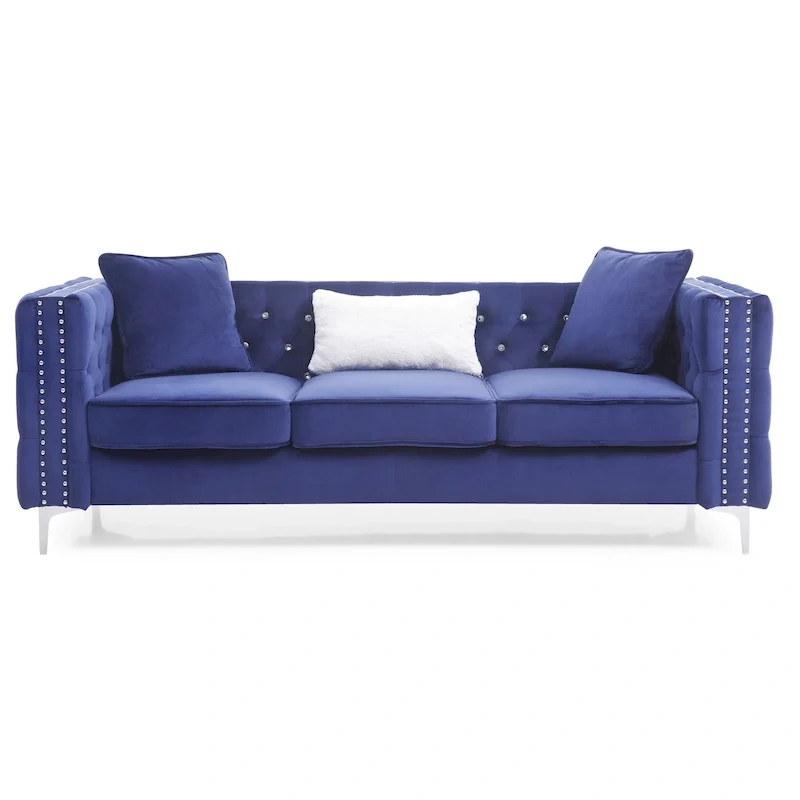Paige 86 in. Tufted Velvet 3-Seater Sofa with 2-Throw Pillow - 86L x 34W x 30H