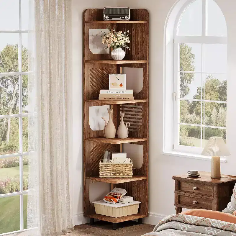 Lantine 6-Tier Corner Bookshelf, 71-Inch Rustic Tall Bookcase for Living Room, Bedroom, Office