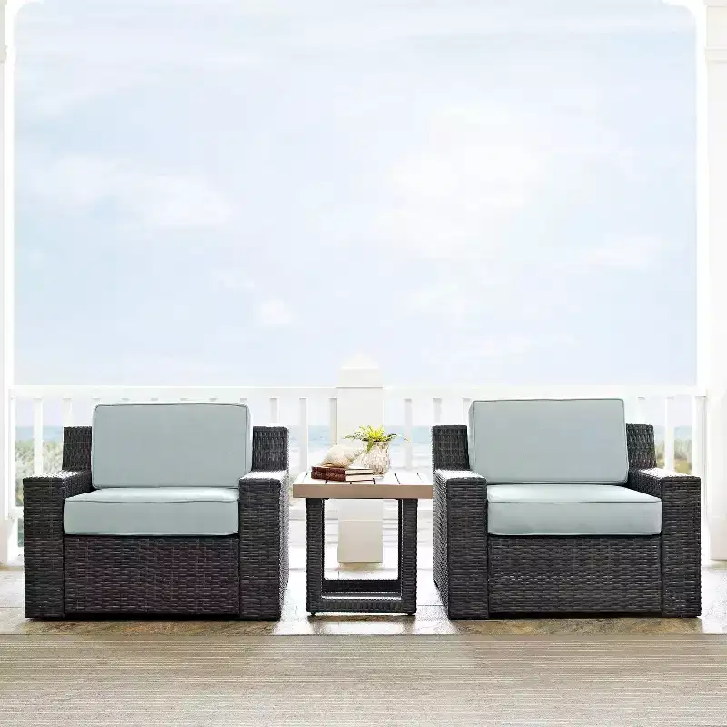 Beaufort 3pc Outdoor Wicker Seating Set with Side Table - Mist - Crosley: Weather-Resistant, UV-Protected Patio Ensemble