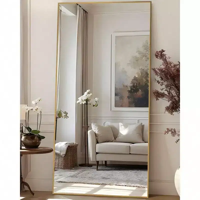 83x44 Gold Rectangular Full Length Mirror. Includes Stand for Freestanding or Wall Mounted Use in Any Room