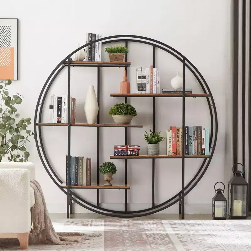 Round 5-Tier Metal Plant Stand Bookcase Storage Rack, Indoor Living Room Terrace Garden Balcony Display Stand. Rustic Brown,