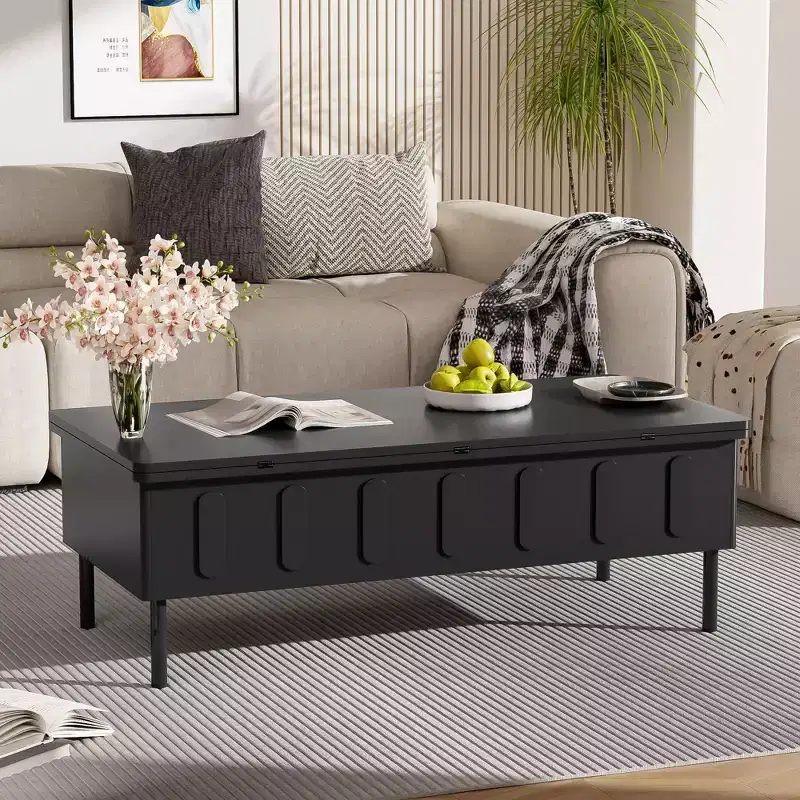 Okak Modern Coffee Table with Rattan Drawer & Dual-Tier Storage, 2-Level Shelf Design Center Table for Living Room