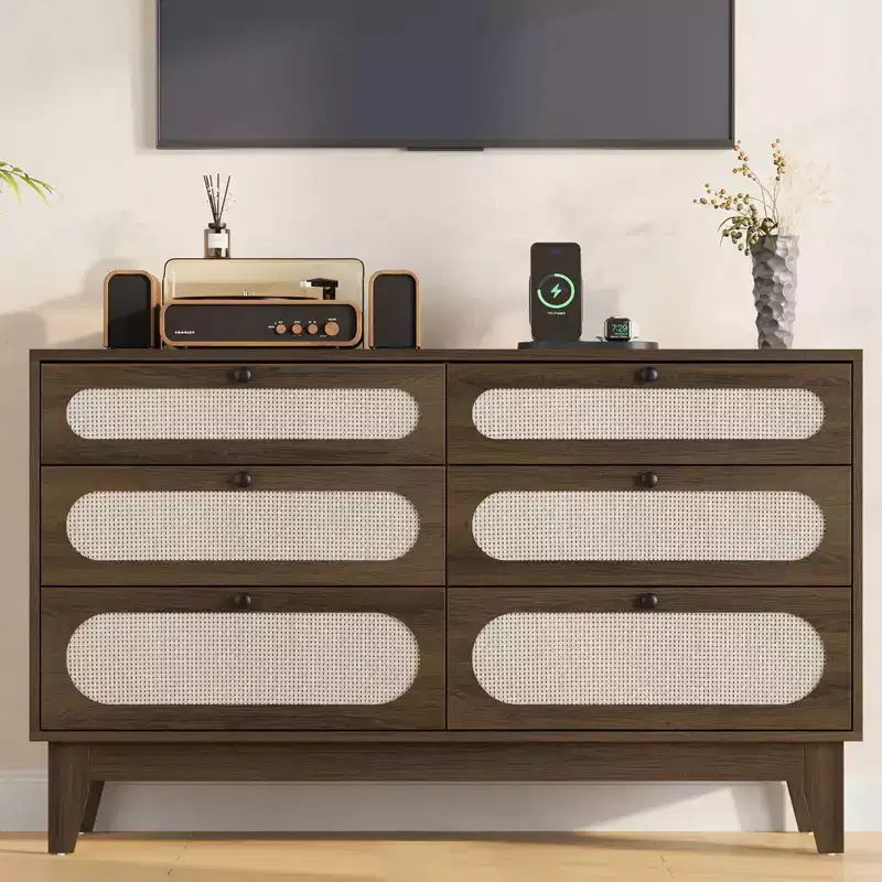 6 Drawer Wood Dresser with Charging Station, Rattan Chest of Dressers for Bedroom, Living Room