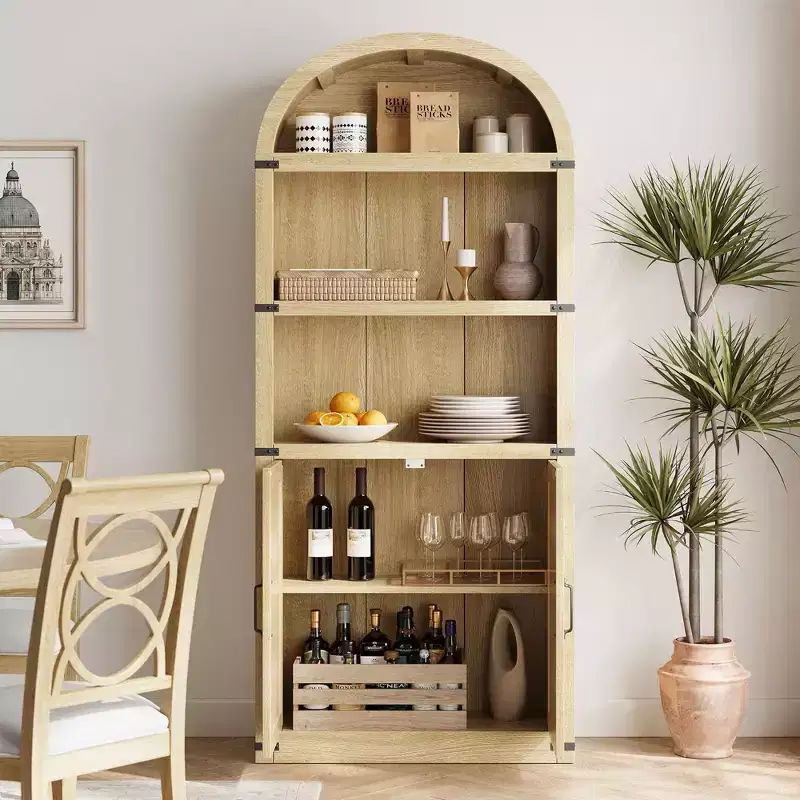 Bookcase with Doors Arched Bookshelf 71.65in Tall Bookcase Farmhouse Cabinet with Shelves Wooden Bookshelves for Home Office, Living Room