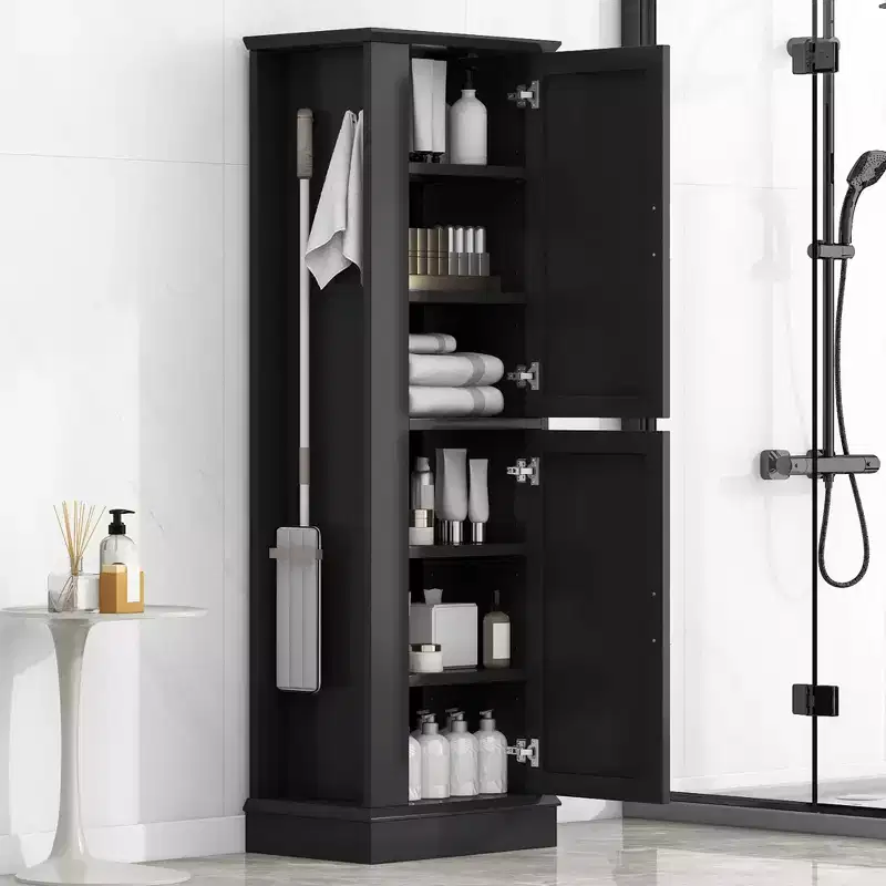 Whisen Tall Bathroom Storage Cabinet, Freestanding Storage Cabinet with Hooks and Adjustable Shelves