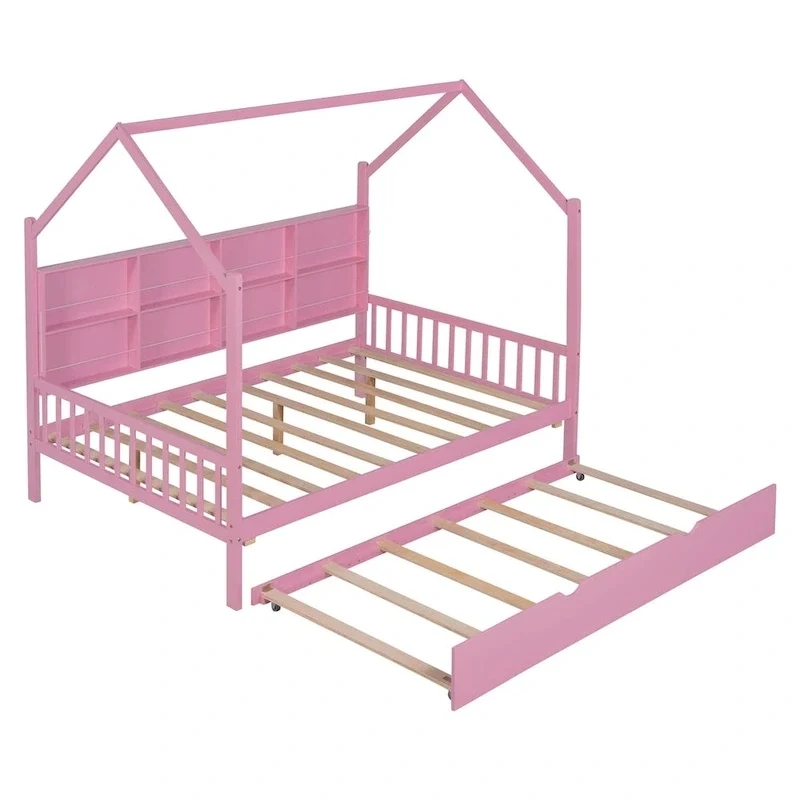 Full Solid Wood House Day Bed with Trundle