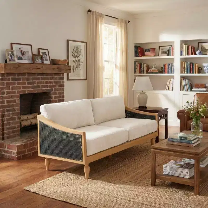 Christopher Knight Home Sachiko 70.9 Mid-Century Modern 2-Seater Rubberwood Chenille Upholstered Sofa with Rattan Armrests