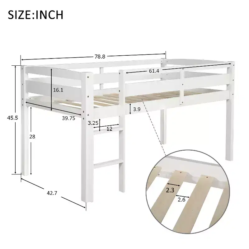 Luxystar Twin Size Solid Wood Loft Bed with Ladder and Fence for Kids Room