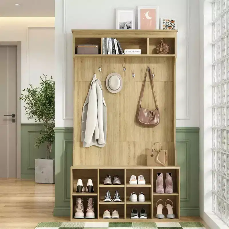 MAYEERTY Black Walnut 71 Hall Tree with Shoe Storage, 7 Hooks - Freestanding, Adjustable Bench, Mudroom
