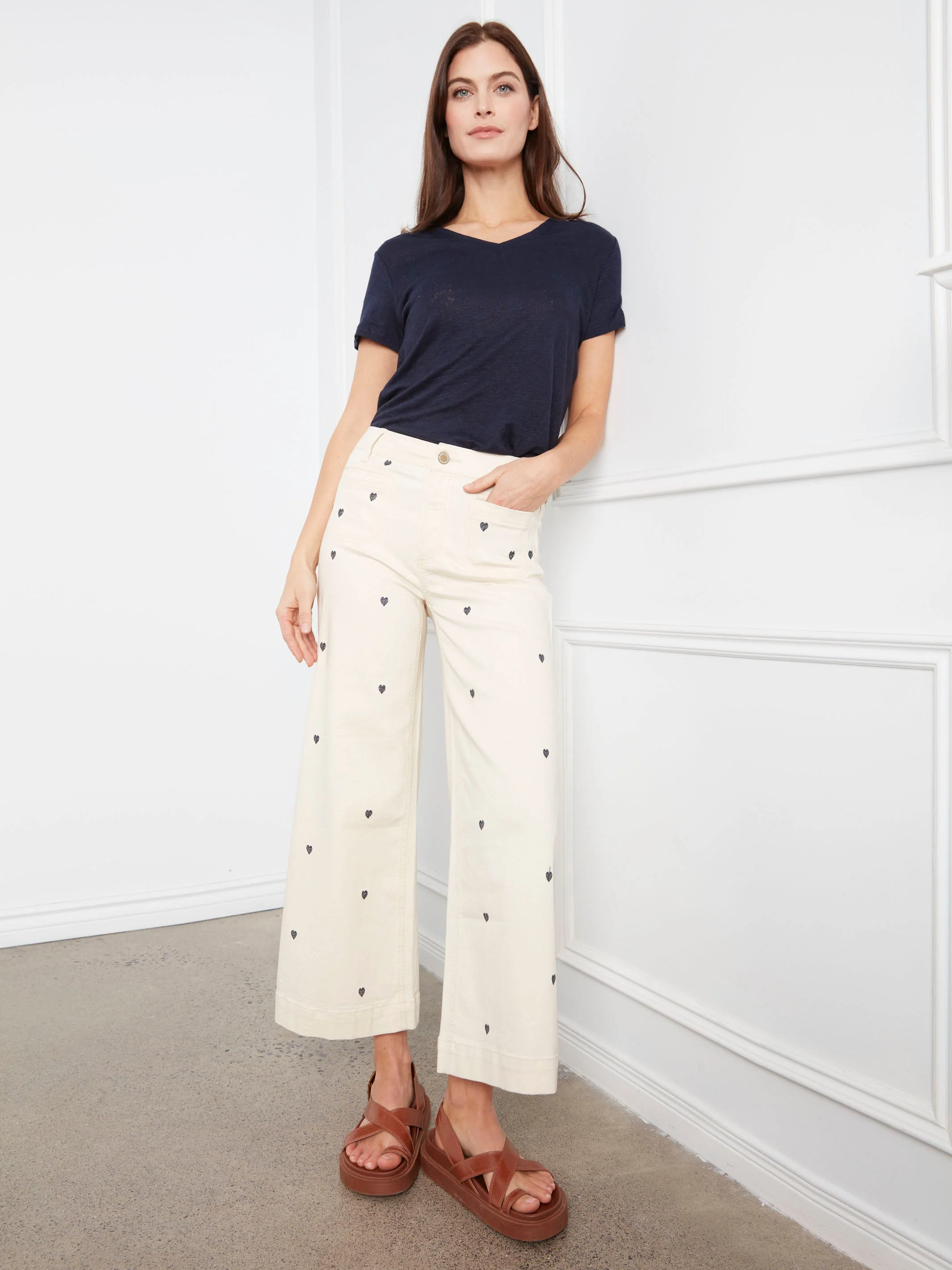 Embroidered Cropped Patch Pocket Flare Twill Pants - Natural